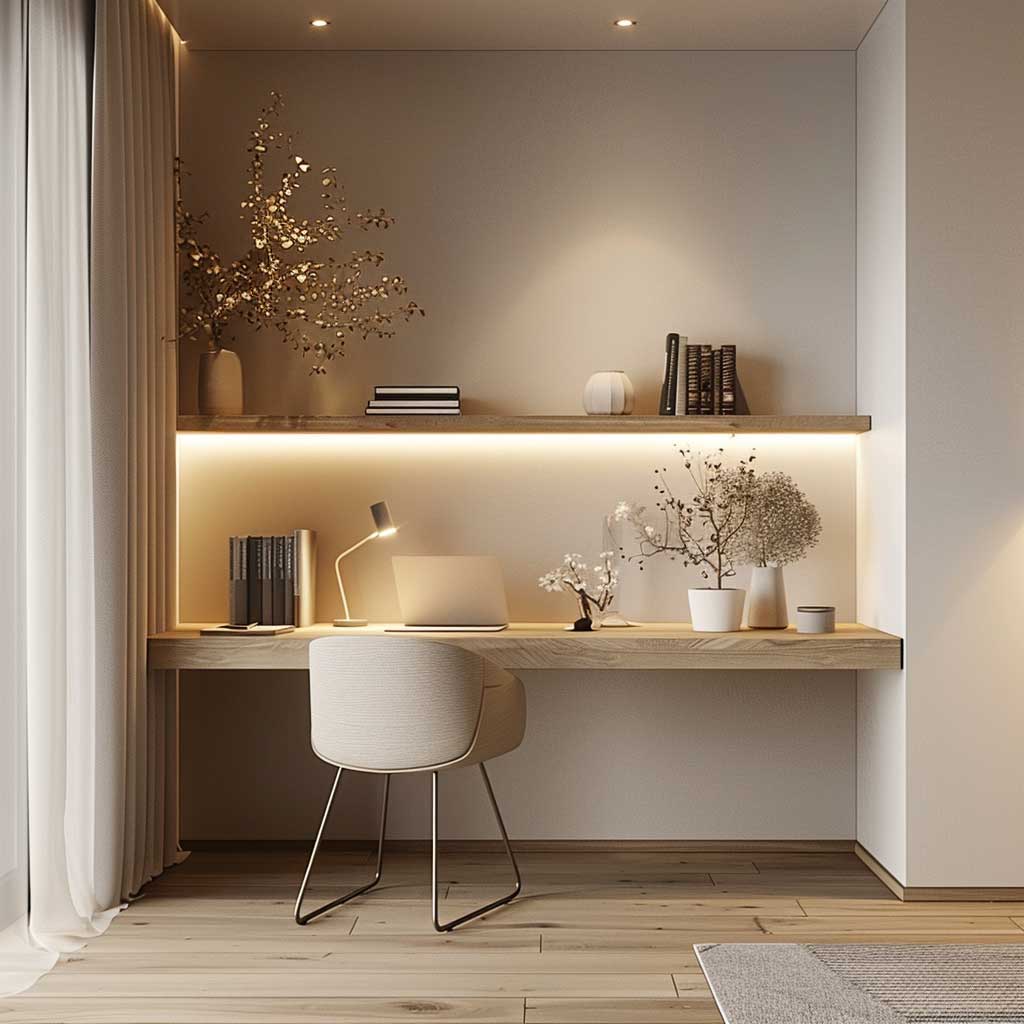 A minimalist study setup featuring a wall-mounted desk with a slim profile, a simple chair, neutral tones, and soft natural light, creating a serene workspace.
