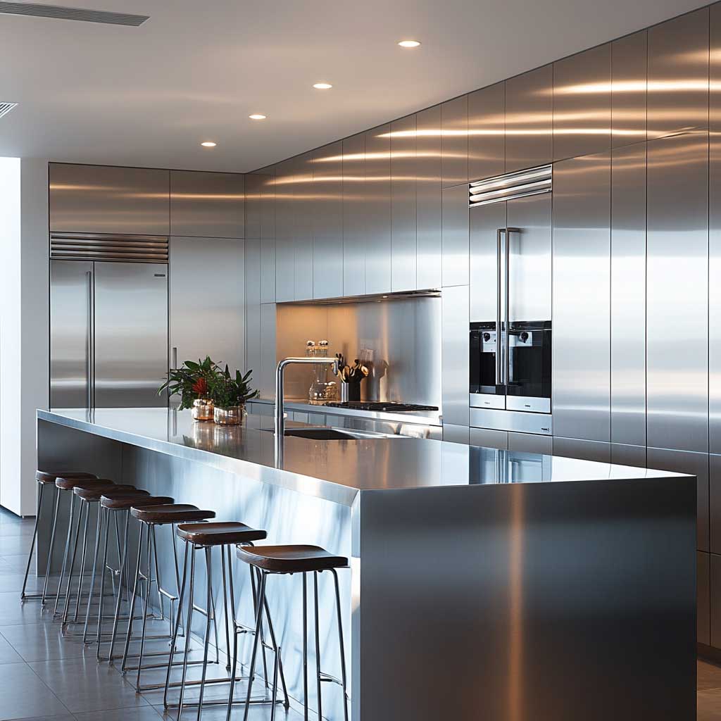 A sleek and minimalist kitchen design using aluminium composite panels for a seamless and modern look. The kitchen features white cabinetry, stainless steel appliances, and an island with high stools. The clean lines and smooth surfaces of the panels enhance the minimalist aesthetic, creating an open and uncluttered space.
