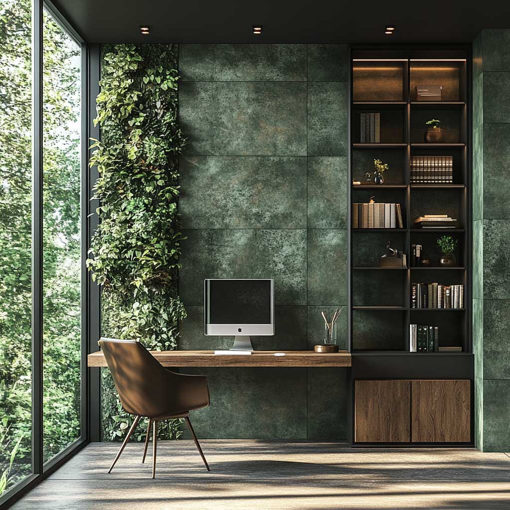 A harmonious blend of nature and modern design with forest green aluminium composite panels. Display these panels in a cozy home office setting, featuring wooden furniture, bronze accents, and lush greenery. Highlight the panels' natural beauty and sleekness, capturing the essence of a tranquil workspace.
