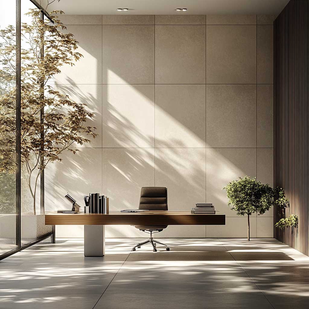 A minimalist home office featuring aluminium composite panels on the walls, creating a tranquil and productive environment. The room is furnished with a simple desk, ergonomic chair, and minimal decor. Natural light filters through large windows, highlighting the panels' sleek finish and enhancing the room's clean aesthetic.