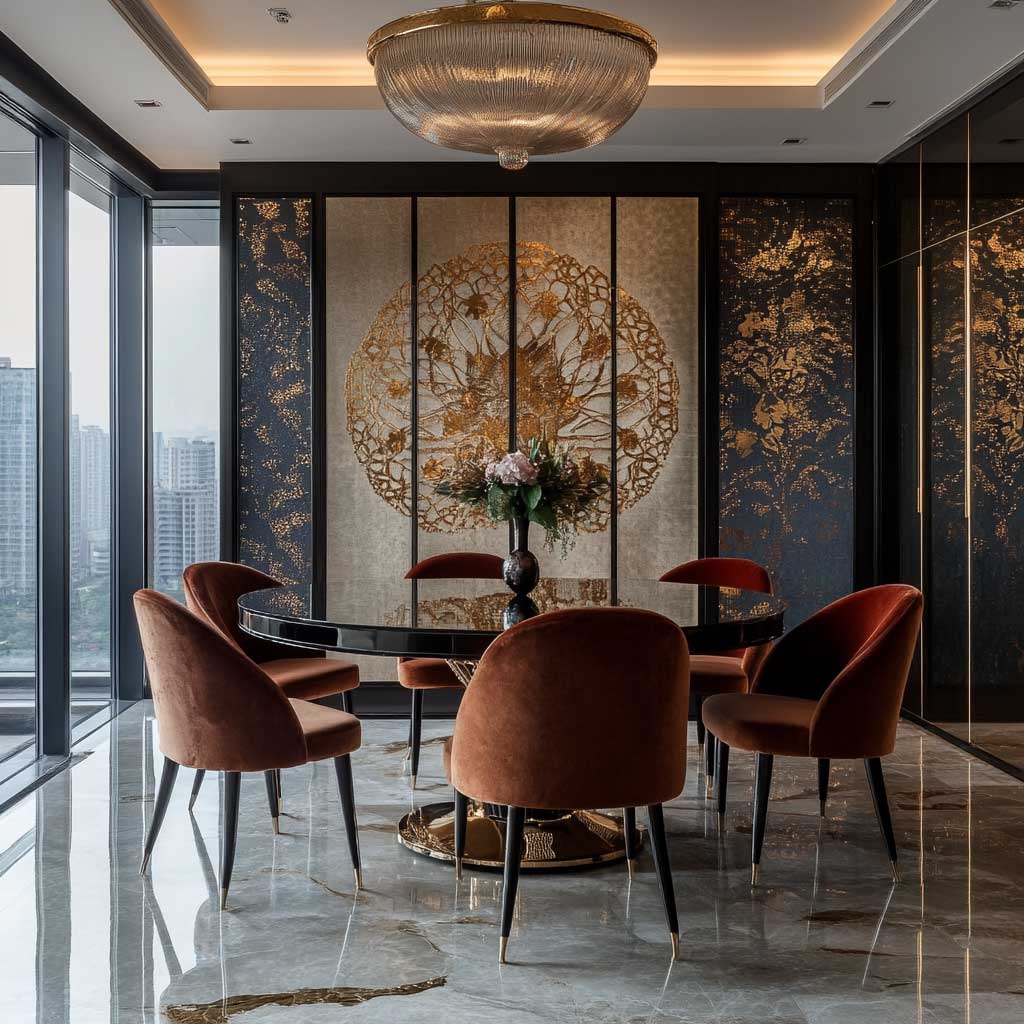 A sophisticated dining area featuring aluminium composite panels with Art Deco-inspired motifs. The space includes a large, round dining table with velvet chairs, ornate lighting fixtures, and a rich color palette. The panels add a touch of vintage glamour, creating a refined dining experience.