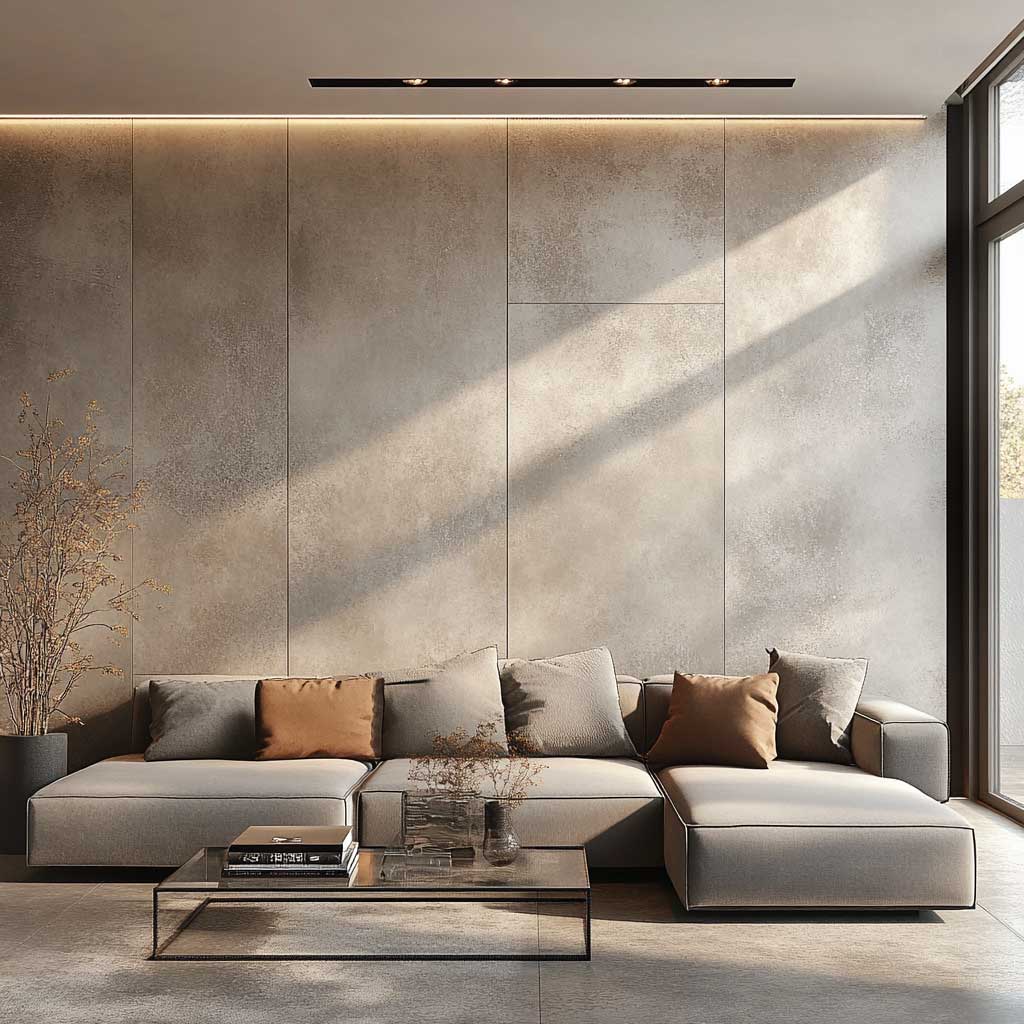 A minimalist living room featuring aluminium composite panels on the walls, showcasing a clean and modern aesthetic. The room is furnished with a simple gray sofa, a glass coffee table, and a few tasteful decor items. Soft natural light highlights the sleek texture and metallic sheen of the panels, creating a serene and stylish atmosphere.