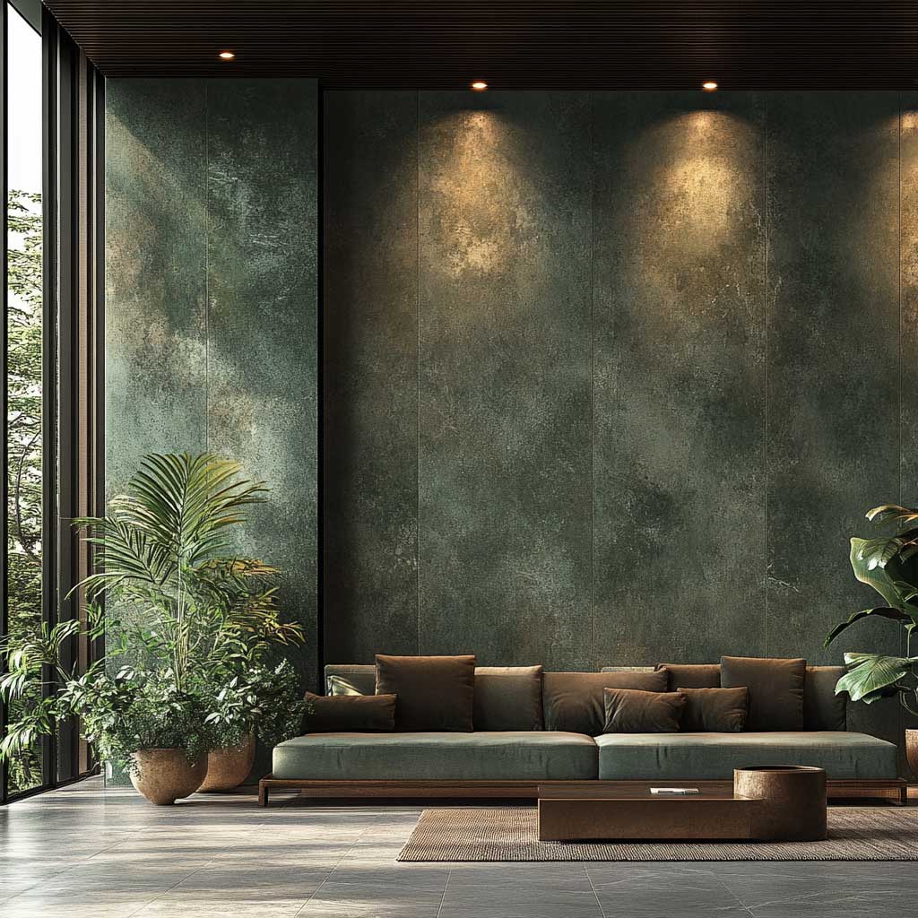 A luxurious interior space featuring forest green aluminium composite panels, creating a serene and calming ambiance. Highlight the rich texture and natural elegance of the panels with soft lighting and complementary decor in bronze accents. Capture the essence of bringing nature indoors with plants and organic materials.