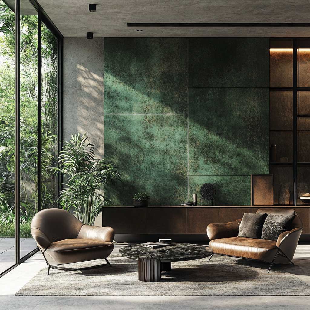 An ultra-modern interior design featuring forest green aluminium composite panels, emphasizing elegance and style. Showcase the panels in a living room setting with contemporary furniture, minimalist decor, and bronze metallic accents. Capture the essence of modern sophistication with natural light streaming in.