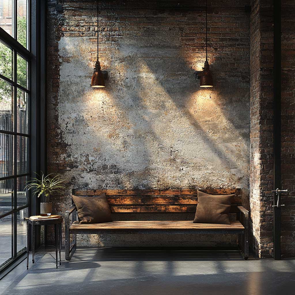 A striking industrial bay window setup featuring furniture with exposed metal frames. The setting includes a minimalist metal bench with a rustic wooden seat, an industrial-style metal side table, and a backdrop of exposed brick walls. The space is accented with industrial lighting fixtures, casting a warm glow over the area. The floor is polished concrete, enhancing the raw, urban aesthetic.