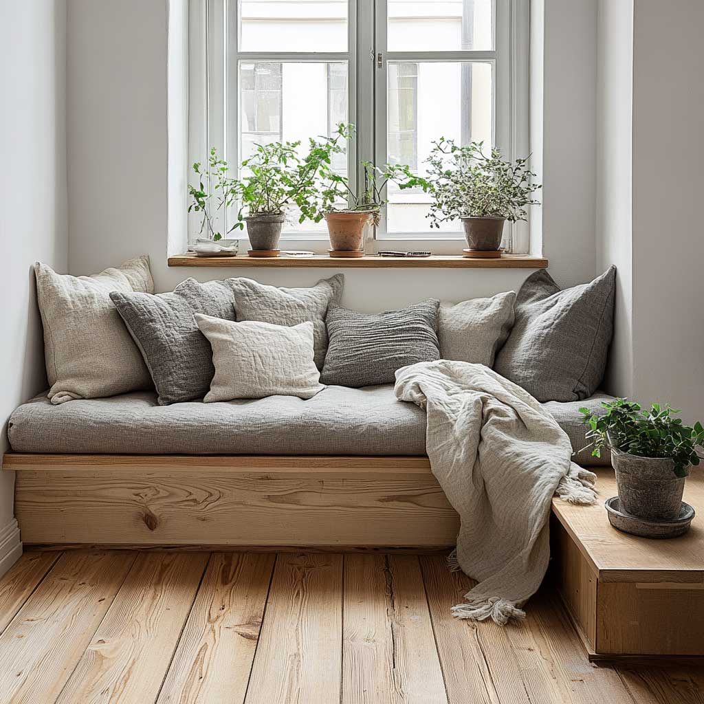 A cozy Scandinavian bay window seating area featuring a minimalist wooden bench with textured cushions in muted tones of gray and beige. The scene includes soft throw blankets, a small wooden coffee table, and potted plants on the window sill. The space is framed by white walls and light hardwood floors, creating a warm and inviting atmosphere.