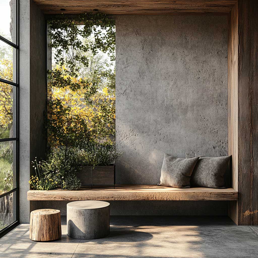 A bay window setup featuring a mix of concrete and wood materials. The furniture includes a concrete bench with wooden legs, a small concrete side table, and a rustic wooden planter box on the window sill. The space is styled with industrial decor elements such as metal accents and a backdrop of weathered concrete walls, giving it a modern yet raw aesthetic.