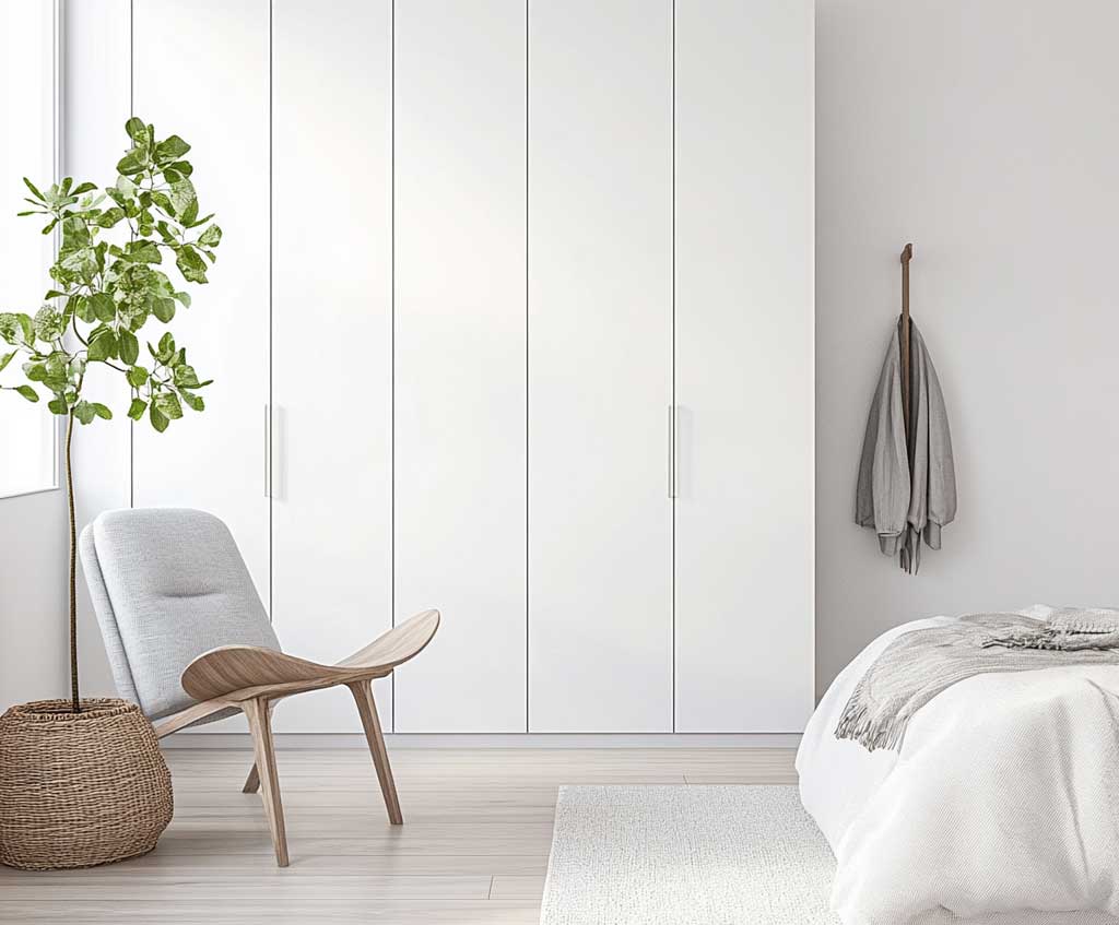 A Scandinavian-style bedroom with a sleek, minimalist white wardrobe featuring flat-panel doors and integrated handles. The wardrobe is floor-to-ceiling, maximizing storage while maintaining a clean, uncluttered look. The room also features a white platform bed with a light gray upholstered headboard, a simple wooden chair, and a potted plant in a woven basket. The walls are painted in a soft off-white, and the floor is a light oak wood, creating a harmonious and serene atmosphere. Natural light streams in from a large window, highlighting the minimalist design.