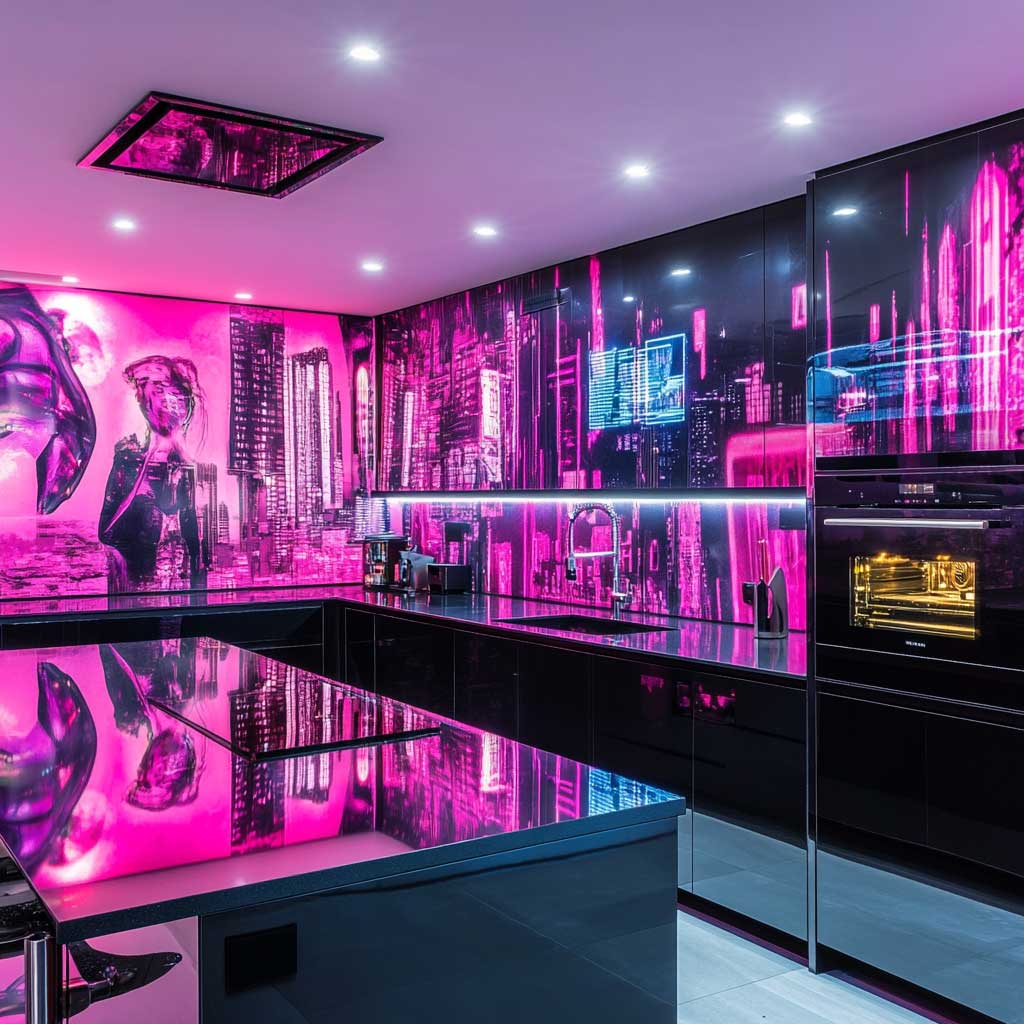 5+ Vibrant Contemporary Kitchen Ideas with Neon Pink Cyberpunk Artwork