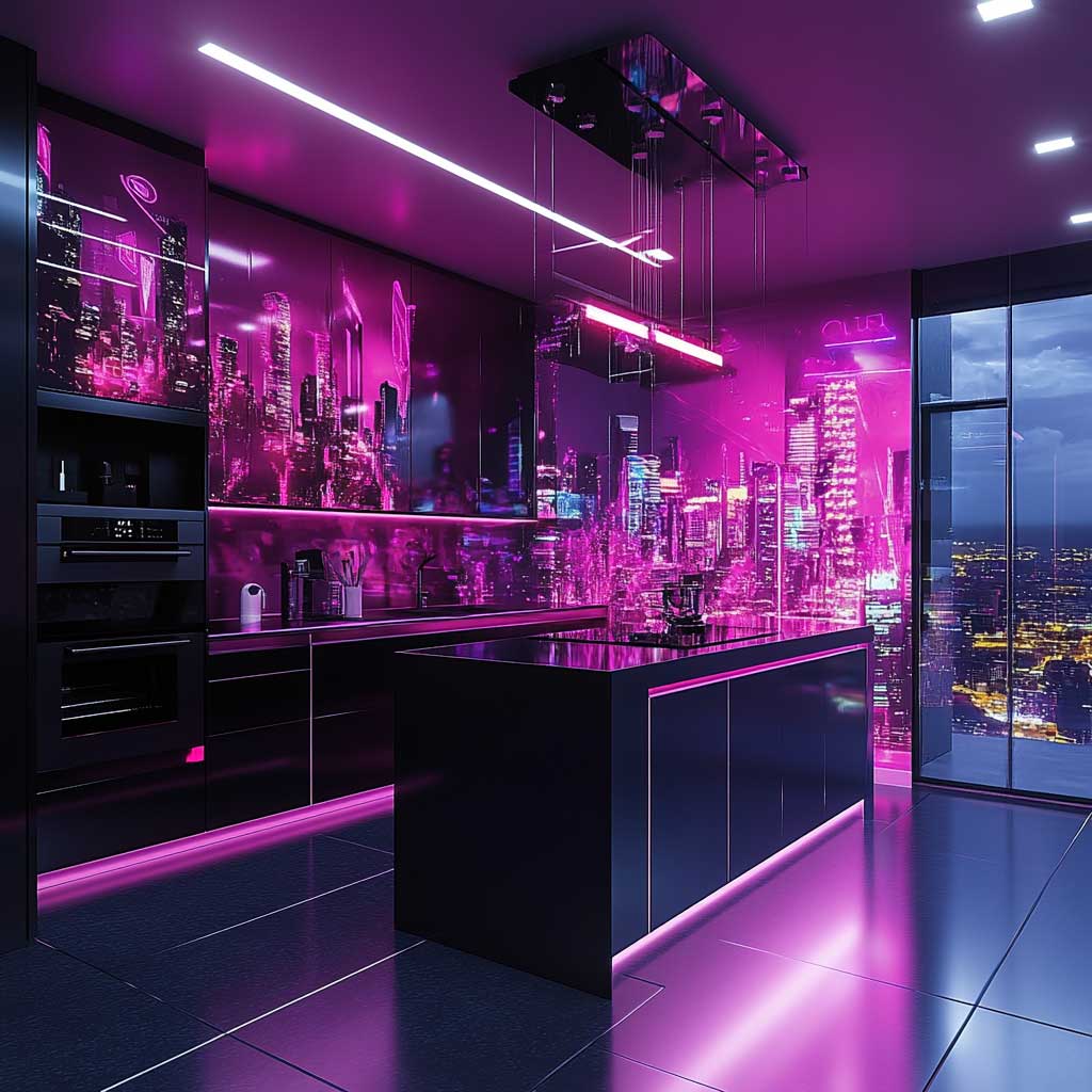 5+ Vibrant Contemporary Kitchen Ideas with Neon Pink Cyberpunk Artwork