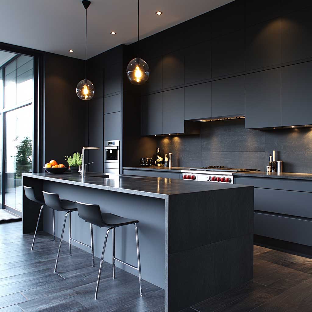 A modern kitchen featuring sleek gray cabinets with matte finishes, set against a backdrop of dark charcoal walls. The kitchen includes a minimalist island with a polished stone countertop, stainless steel appliances, and subtle under-cabinet lighting. The flooring is dark wood, complementing the overall gray aesthetic. The scene is lit with ambient lighting, creating a moody yet welcoming atmosphere.