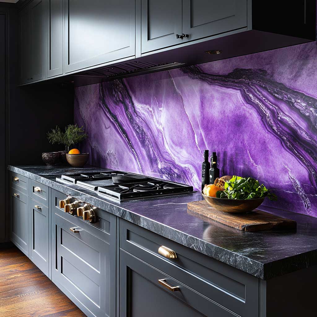 A contemporary kitchen featuring a purple marble backsplash with bold white veining, set against dark gray cabinetry. The backsplash extends from the countertop to the ceiling, creating a dramatic and luxurious focal point. The kitchen includes black quartz countertops, stainless steel appliances, and dark wood flooring. Soft under-cabinet lighting highlights the intricate patterns of the marble, adding to the kitchen’s elegant ambiance.
