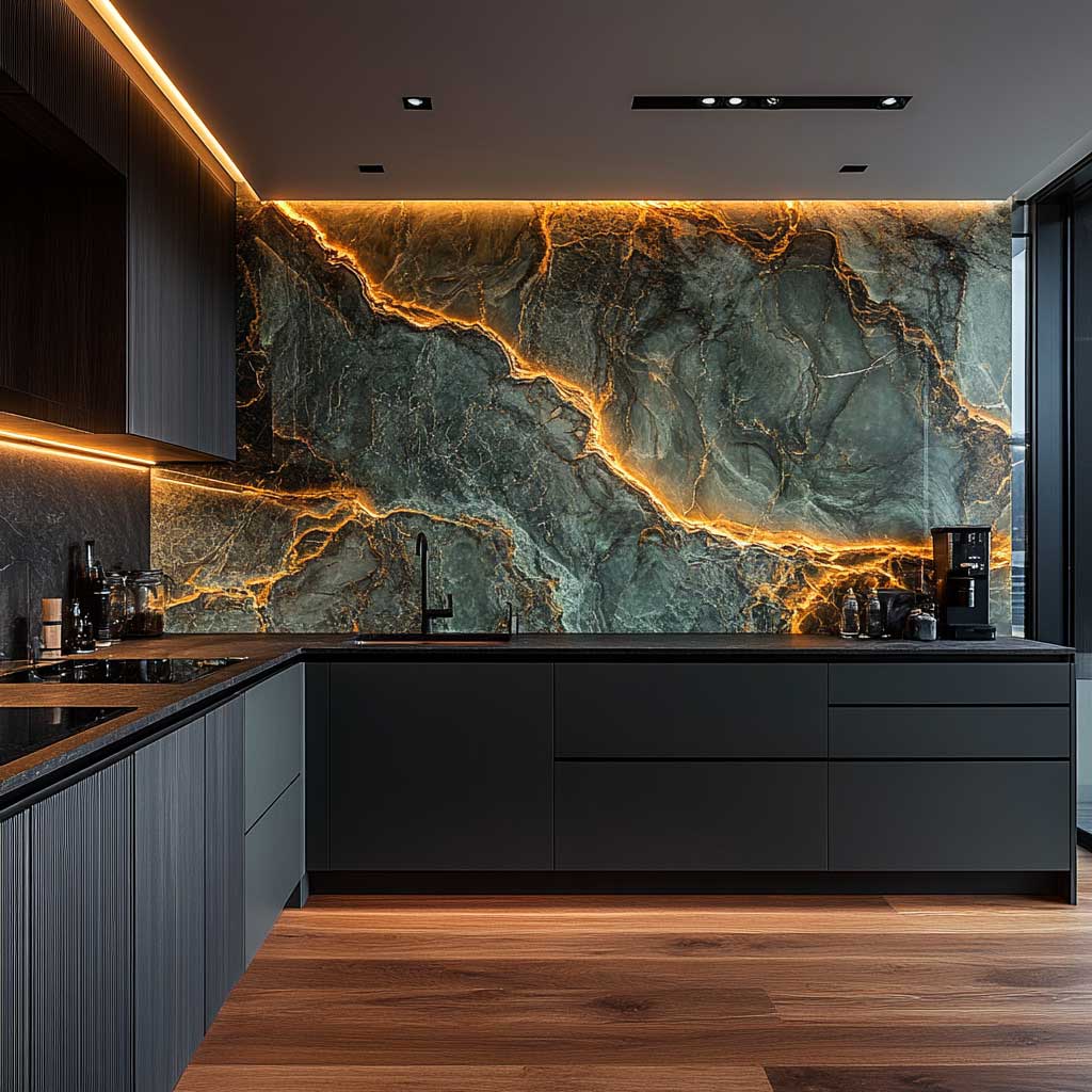A contemporary kitchen featuring a green marble backsplash with bold veining, set against dark gray cabinetry. The backsplash extends across the entire wall, creating a dramatic focal point. The kitchen includes a black quartz countertop, matte black fixtures, and dark wood flooring. The space is lit by under-cabinet lighting that highlights the intricate patterns of the marble, creating a luxurious and nature-inspired atmosphere.