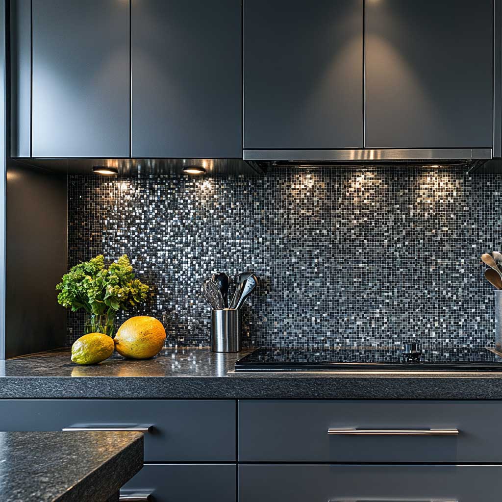 A contemporary kitchen featuring a mosaic backsplash in shades of gray and black. The backsplash is composed of small tiles arranged in a geometric pattern, providing a textured backdrop to sleek gray cabinetry and dark quartz countertops. The kitchen is accented with stainless steel hardware, and the lighting is strategically placed to highlight the intricate design of the backsplash. The overall vibe is modern, sleek, and subtly dramatic.