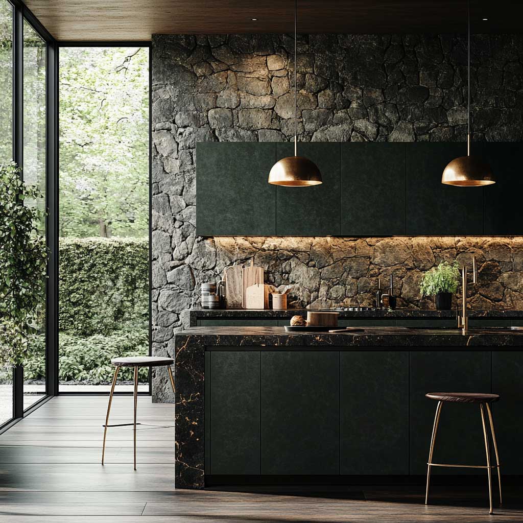A modern kitchen with deep green matte cabinets set against a backdrop of dark stone walls. The cabinets are paired with a black marble countertop and brass hardware, adding a touch of luxury. The flooring is dark wood, and the kitchen is illuminated by warm pendant lights. A large window offers a glimpse of lush greenery outside, enhancing the nature-inspired design.