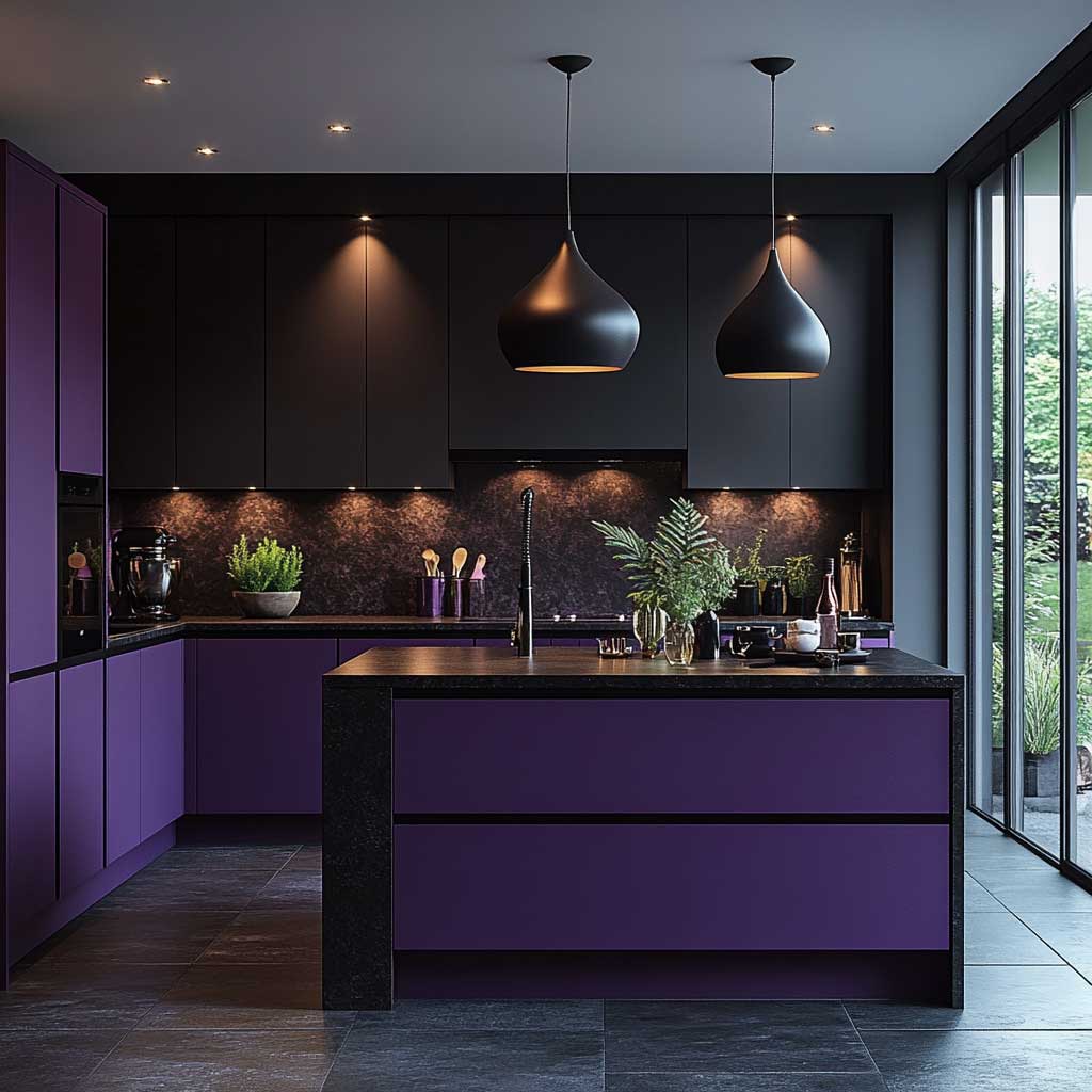 A modern kitchen with deep purple matte cabinets set against dark charcoal walls. The cabinets have sleek black handles and are paired with a black granite countertop. The kitchen also features dark hardwood flooring and a large central island with a matching purple base. Pendant lights with a warm glow hang above the island, creating a cozy yet dramatic atmosphere.
