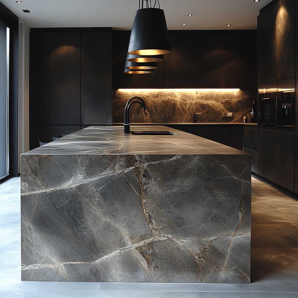 A luxurious kitchen with gray marble countertops featuring bold veining, set within a dark kitchen layout. The marble contrasts with dark wood cabinetry and black metallic fixtures. The kitchen island is illuminated by modern pendant lights with a warm glow, and the floor is a polished dark stone that reflects the ambient light. The overall aesthetic is rich, opulent, and contemporary.