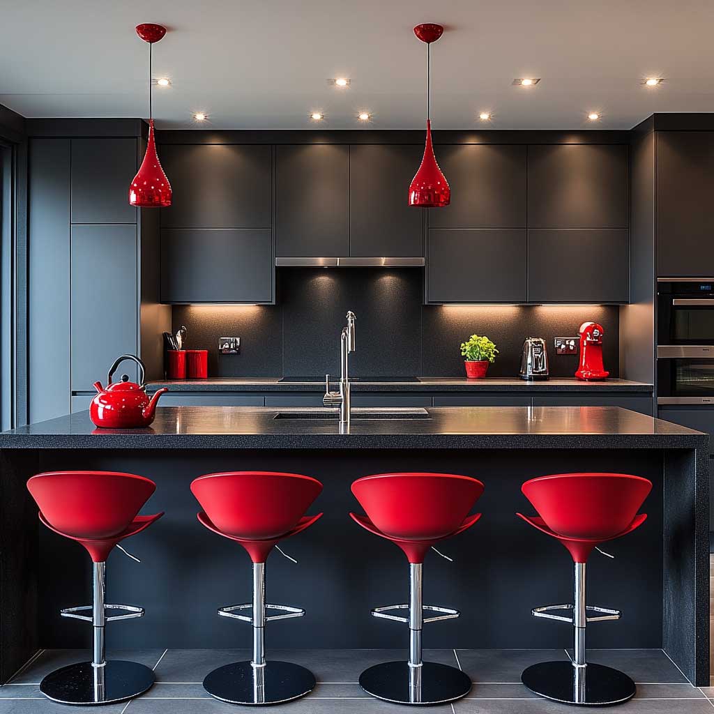 A contemporary kitchen with subtle red accents, including red barstools, a red kettle, and red dishware, set against a backdrop of dark gray cabinets and black quartz countertops. The accents add a touch of color without overpowering the dark aesthetic. The kitchen is well-lit with recessed ceiling lights, creating a balanced and harmonious atmosphere. The overall look is modern, understated, and stylish.