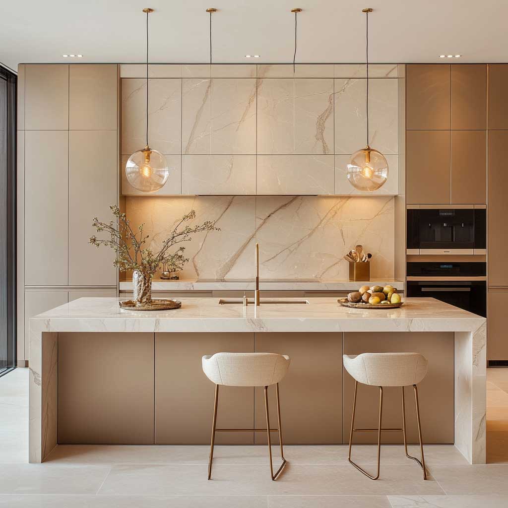 A luxurious modern kitchen featuring warm beige cabinets with sleek, handleless designs, paired with white marble countertops with subtle gray veining. The kitchen includes a large island with a waterfall edge, stainless steel appliances, and gold hardware. The space is illuminated by pendant lights with soft, warm tones, creating a cozy yet sophisticated atmosphere. The overall design is a blend of modern elegance and timeless luxury, with beige as the focal color.