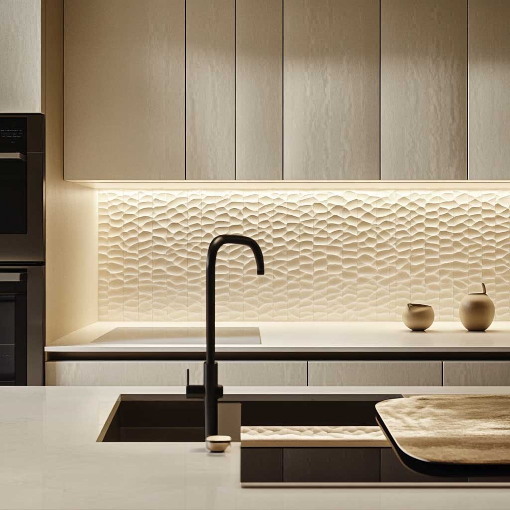 A modern luxury kitchen showcasing a warm beige backsplash made of textured tiles, paired with sleek white countertops and minimalist beige cabinetry. The backsplash features a subtle geometric pattern, adding depth and interest to the design. Stainless steel appliances and matte black fixtures provide a contemporary contrast, while under-cabinet lighting highlights the texture of the tiles. The overall design is warm, elegant, and perfectly balanced.