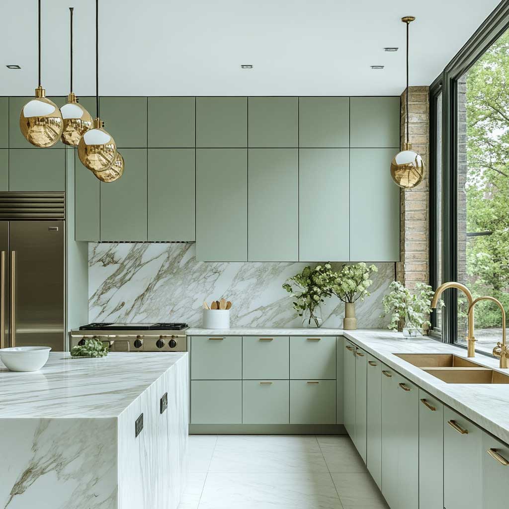 A modern luxury kitchen featuring serene pastel green cabinets with a matte finish, paired with white marble countertops and a marble backsplash. The cabinets have a sleek, handleless design for a minimalist look. The kitchen includes stainless steel appliances and gold accents, such as a gold faucet and light fixtures. Large windows allow natural light to flood the space, highlighting the soft green hue. The overall design is tranquil, elegant, and modern.