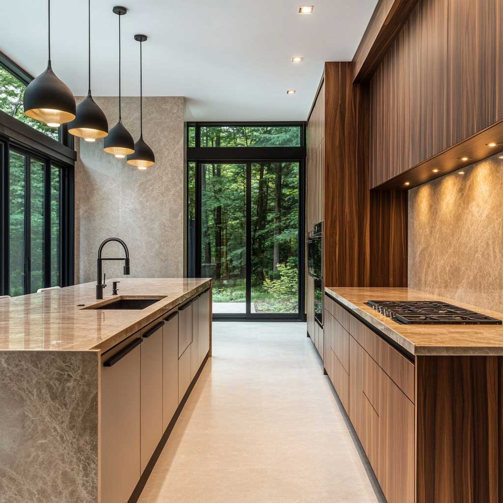 A luxurious modern kitchen featuring a combination of warm beige and rich wood tones, with beige cabinetry and a wood-paneled island. The countertops are made of beige quartz with subtle marbling, and the space is accented with matte black hardware and fixtures. The kitchen is illuminated by large windows that allow natural light to enhance the warmth of the beige and wood elements. The overall design is cozy, elegant, and modern, with a perfect blend of natural and refined materials.