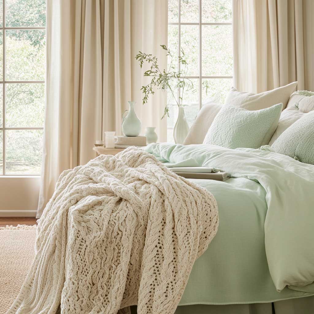 A soft and cozy bedroom featuring a mix of mint green and cream textiles. The bed is dressed in mint green sheets with a cream comforter and layered with cream and mint green pillows. A mint green knit throw is draped over the foot of the bed, and the floor is adorned with a plush cream rug. The windows are framed with mint green curtains that filter in natural light, creating a warm and inviting atmosphere.