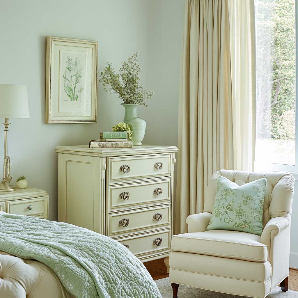 An elegant bedroom featuring cream furniture, including a dresser and nightstands, with mint green accents. The room is styled with mint green throw pillows, a mint green throw blanket, and mint green decor on the dresser. A cream-colored upholstered chair with mint green cushions sits in the corner, next to a large window with cream curtains. The overall design is sophisticated and serene.