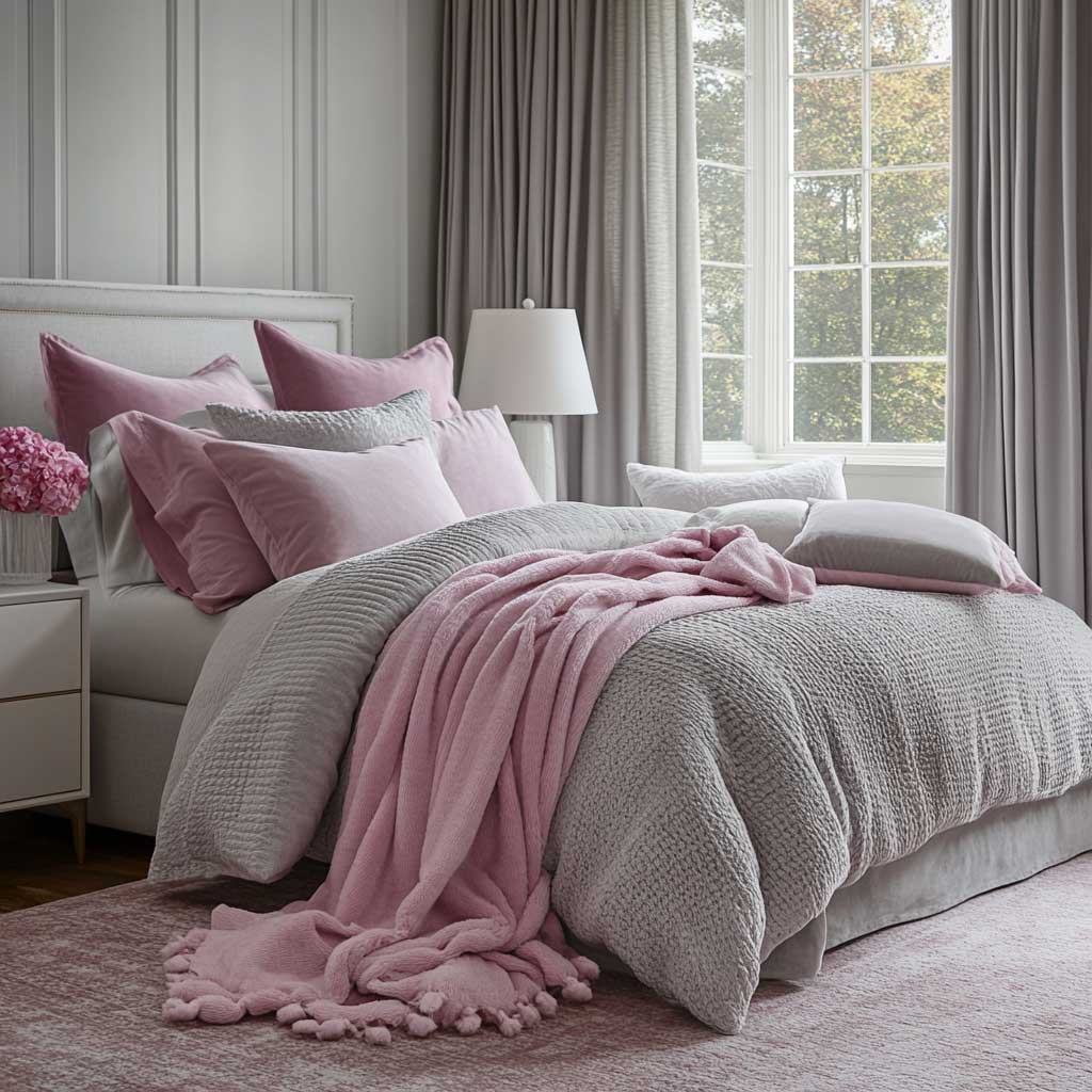 A bedroom showcasing a mix of gray and pink textiles, including a gray knit throw, pink velvet pillows, and a soft pink area rug. The bed is dressed in a gray duvet with pink trim, and the windows feature gray curtains with pink tiebacks. The room is styled with a minimalist touch, featuring a white nightstand with a pink lamp and a gray upholstered chair in the corner.