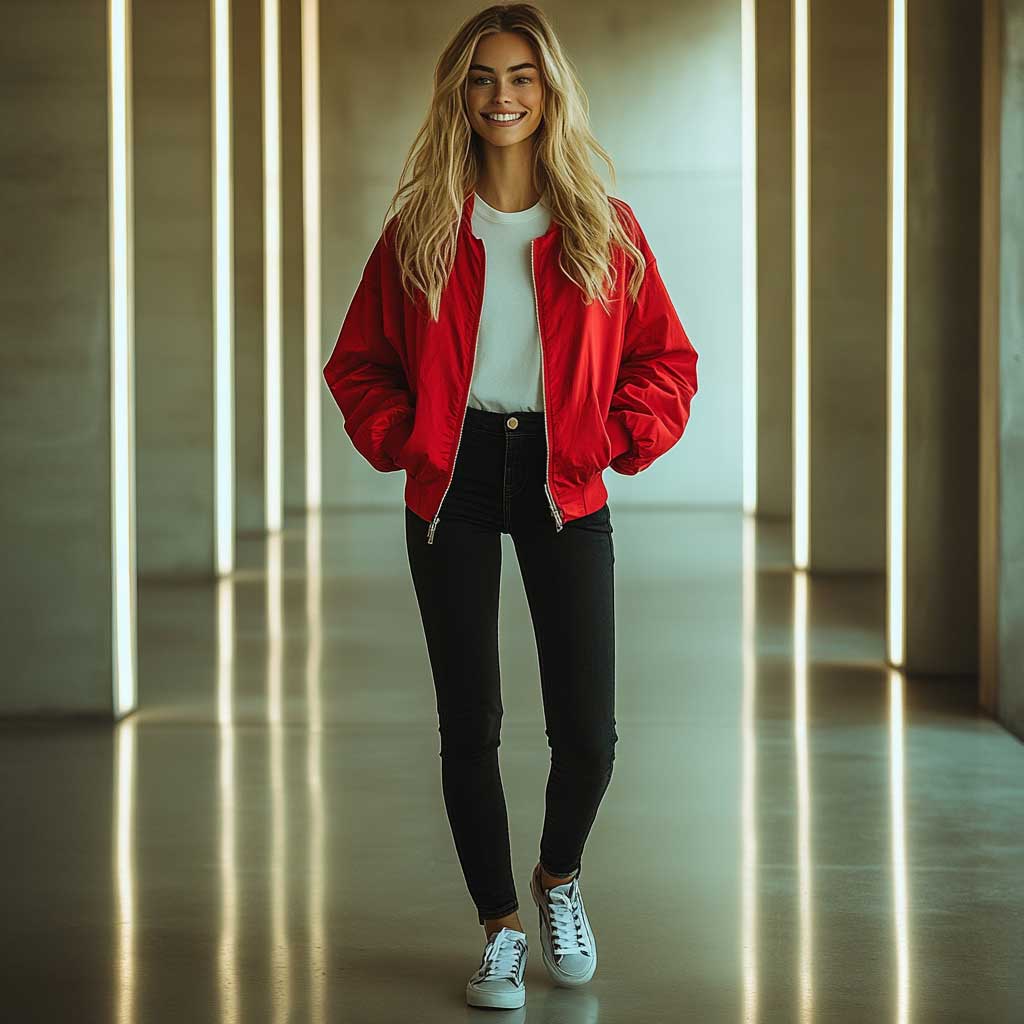 Red Bomber Jacket and Black Skinny Jeans