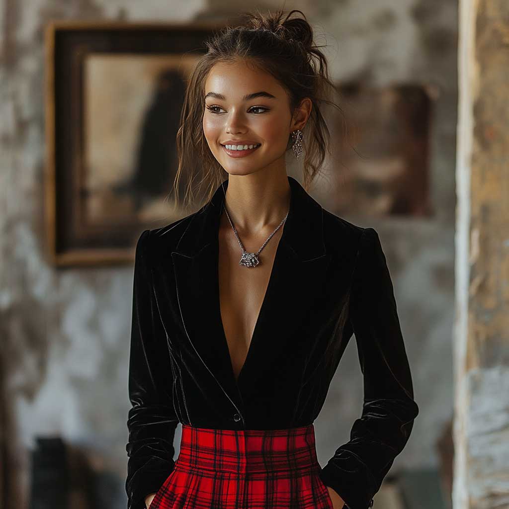 Black Velvet Blazer and Red Plaid Skirt - 2