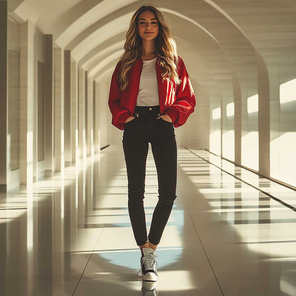 Red Bomber Jacket and Black Skinny Jeans - 3