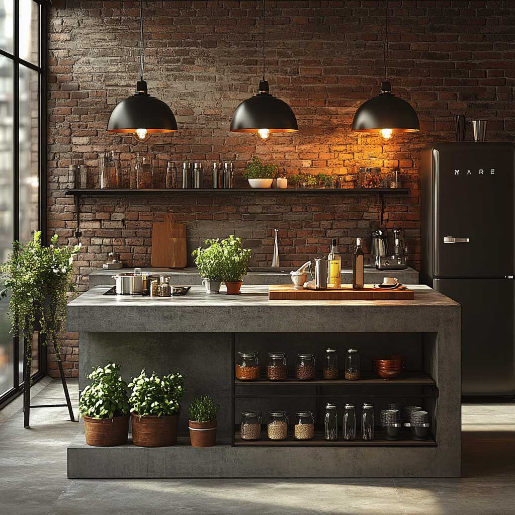 A small industrial kitchen with a compact kitchen island made of concrete and steel. The island features exposed metal shelving, housing kitchen utensils and small potted plants. The background shows exposed brick walls and minimalist pendant lights hanging overhead. The setting is cozy and urban, capturing the essence of a modern, industrial kitchen.