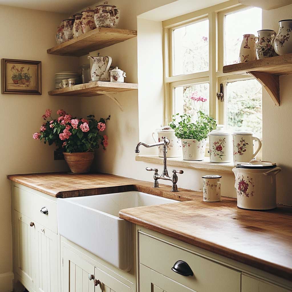 Cozy Charm with Vintage Cabinets and Open Shelving