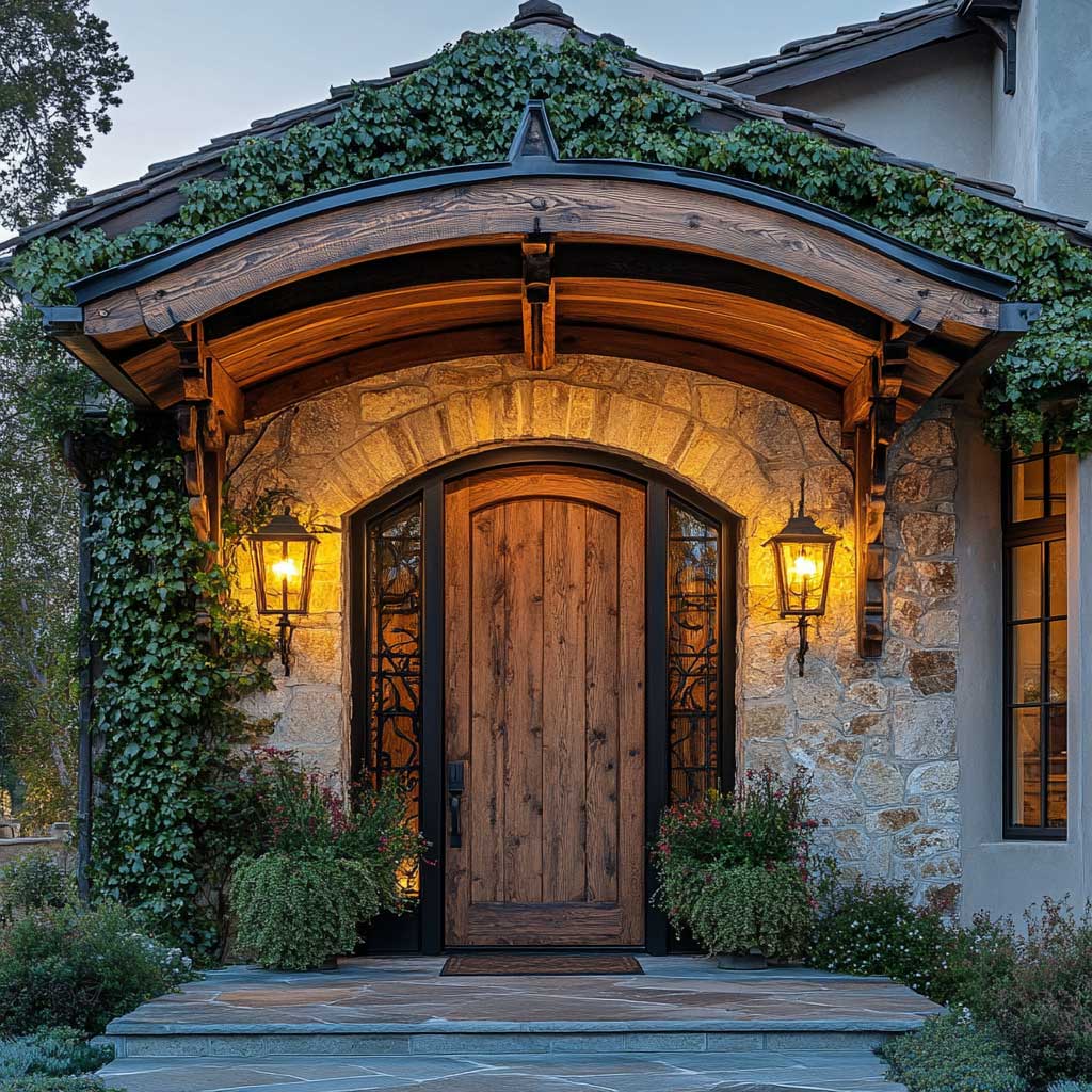 A rustic modern front door canopy made from reclaimed oak wood, featuring a sturdy, slightly weathered design. The canopy is set above a large, arched front door with iron accents, attached to a stone-clad house with ivy-covered walls. The oak wood’s rich, textured surface contrasts with the rugged stone, creating a warm and inviting entrance. The scene is captured at dusk, with soft ambient lighting highlighting the natural textures of the wood and stone.
