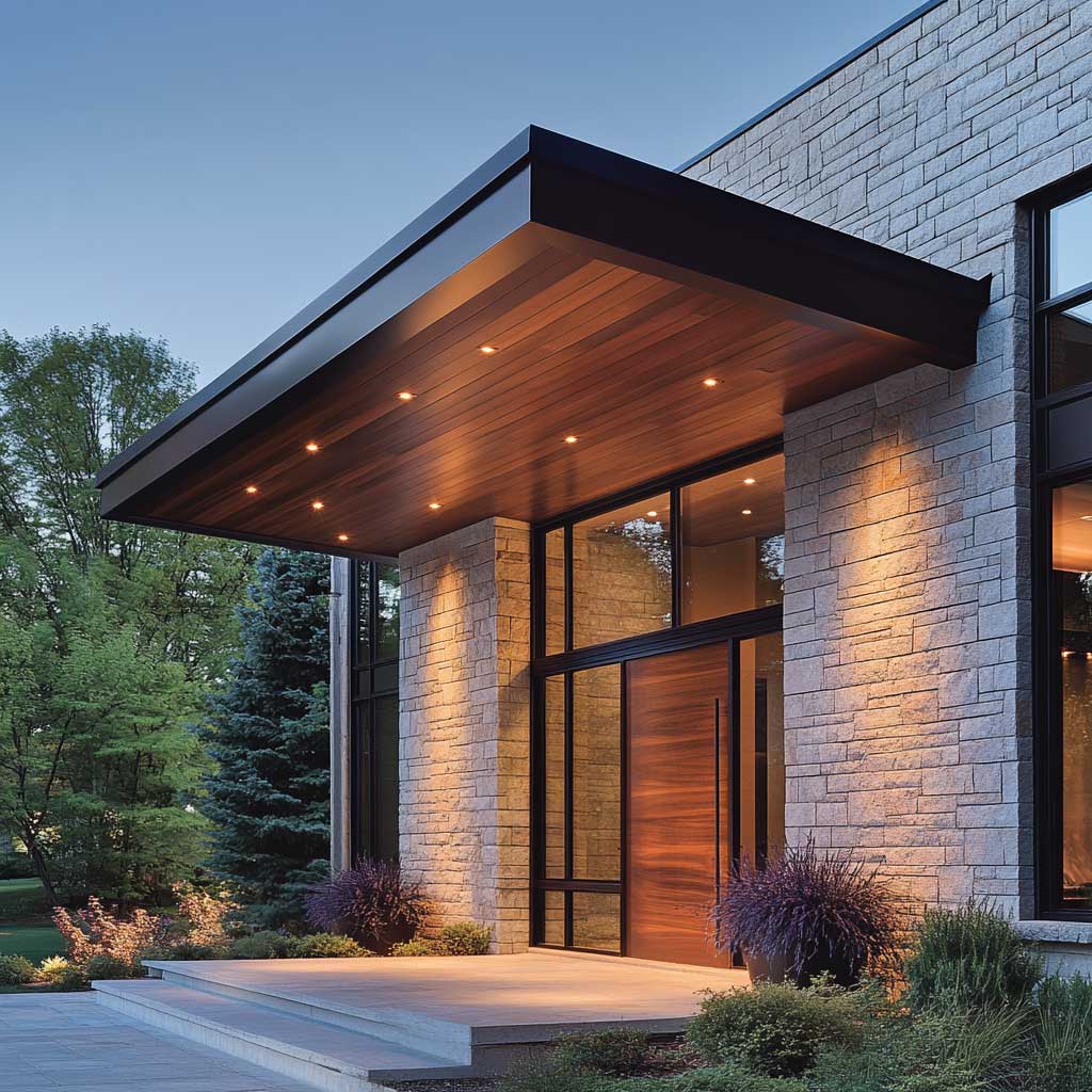 A contemporary modern front door canopy crafted from rich teak wood, featuring a sleek, cantilevered design that extends over a wide glass entrance. The canopy’s smooth, dark wood contrasts with the light-colored stone facade of the home, creating a striking visual impact. The design includes integrated lighting that illuminates the entrance, highlighting the canopy’s clean lines and the natural beauty of the teak. The scene is captured at twilight, with the warm light creating a welcoming glow.