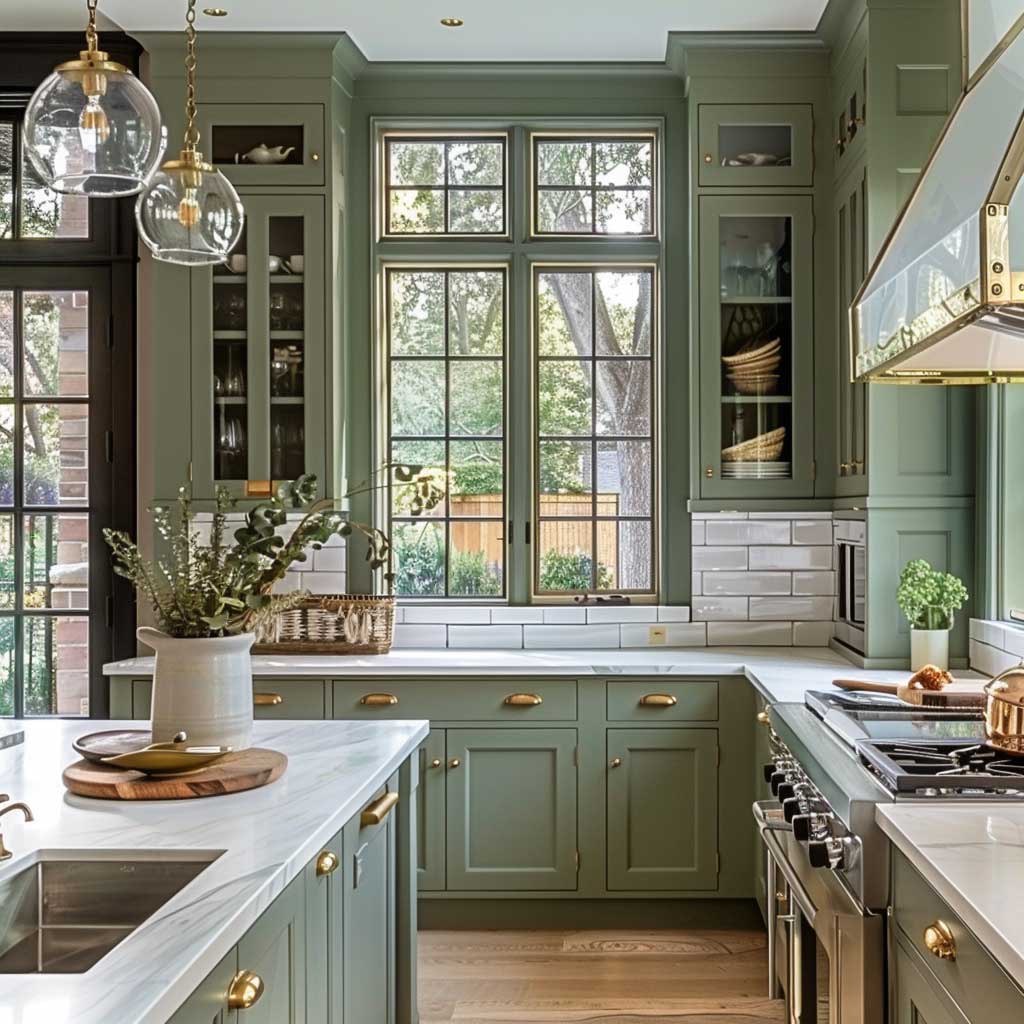 A sophisticated kitchen featuring classic green cabinets with luxurious gold handles. The cabinets are complemented by a white marble countertop and a white subway tile backsplash. Large gold-framed windows let in natural light, highlighting the elegant combination of colors in a timeless design.