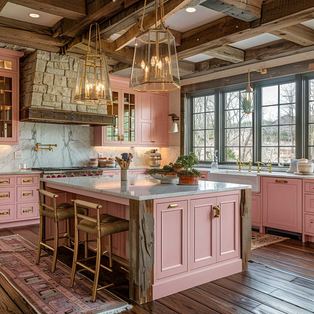 A charming kitchen design featuring soft pink cabinets and bronze highlights. The cabinets are paired with a quartz countertop and vintage-style bronze handles. Exposed wooden beams and pendant lights add a rustic touch, creating a cozy and stylish kitchen space.