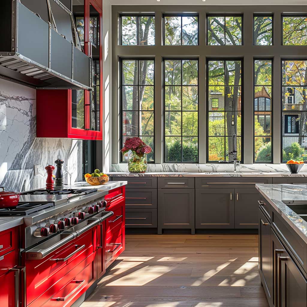 A chic kitchen design featuring contemporary red and gray cabinets. The kitchen features an open layout, with red upper cabinets and charcoal gray lower cabinets, accented by a marble countertop and stainless steel appliances. Large windows provide natural light, highlighting the modern color scheme.