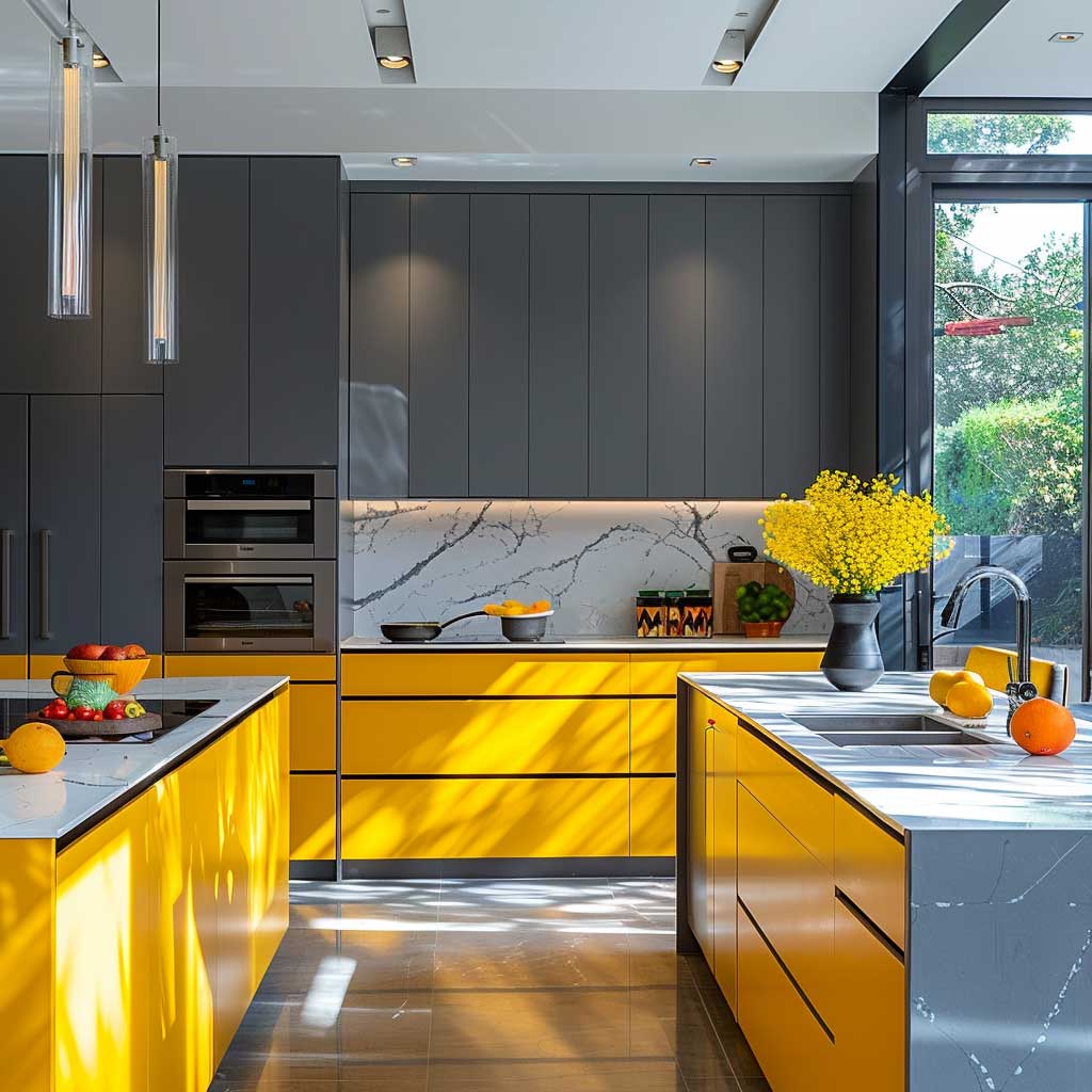 A modern kitchen showcasing painted cabinets in a perfect blend of gray and yellow tones. The cabinets are sleek and minimalist, set against a white marble countertop and a stainless steel backsplash. Sunlight streams through large windows, enhancing the color contrast, creating a cozy yet contemporary atmosphere.