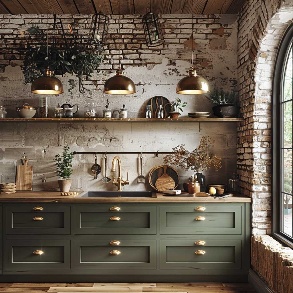 A rustic kitchen design featuring forest green cabinets with subtle gold trim. The cabinets are paired with natural wood countertops and exposed brick walls, creating a warm and inviting space. Hanging gold pendant lights add a modern touch, illuminating the rich textures and colors.