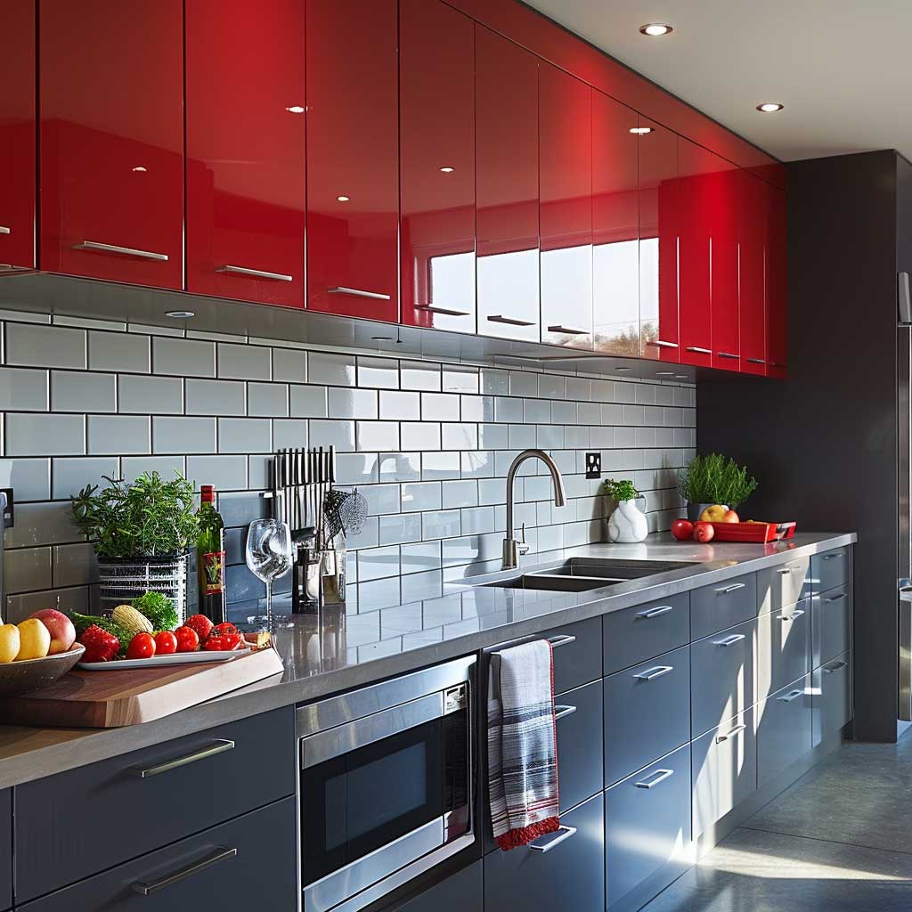 A modern kitchen with bold red and charcoal gray cabinets. The red cabinets have a glossy finish, while the charcoal gray cabinets offer a matte texture. Set against a sleek white tile backsplash and polished concrete flooring, this kitchen showcases a contemporary design with vibrant color contrasts.