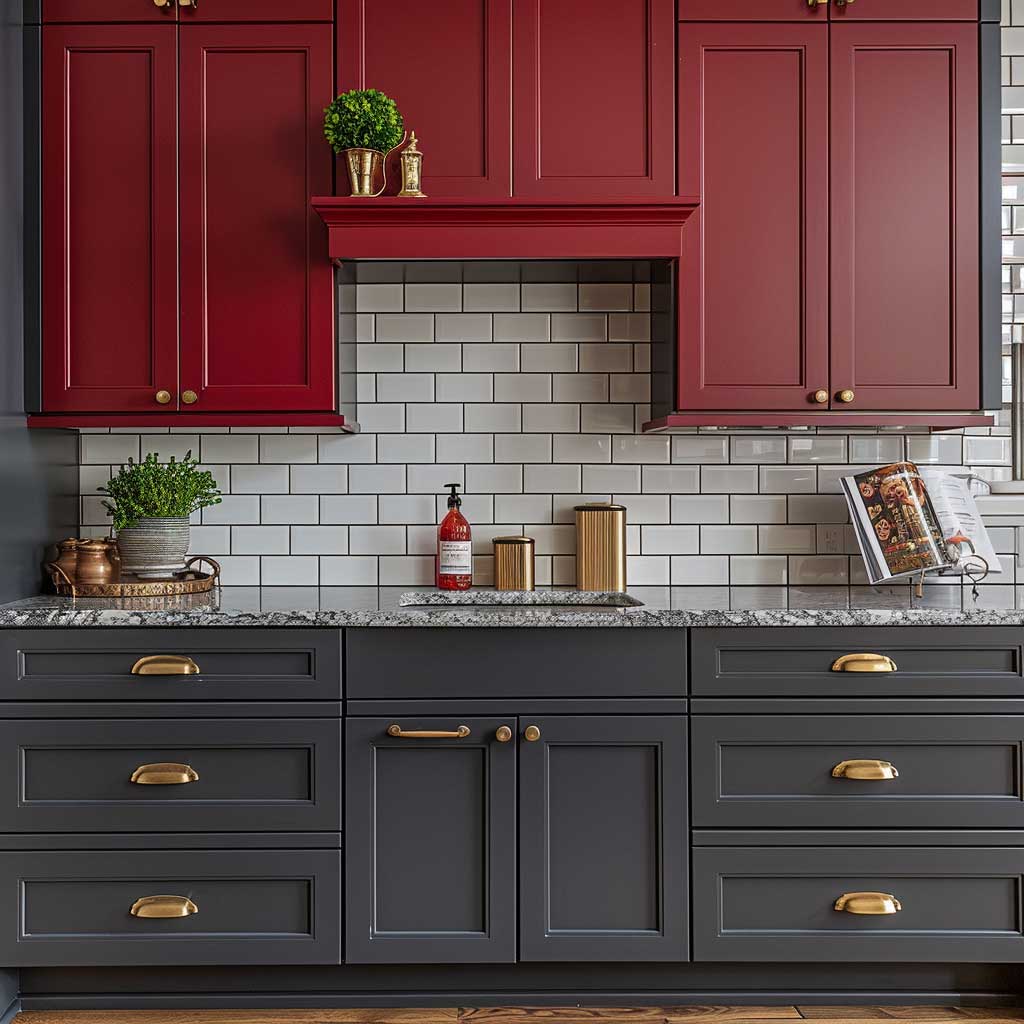An elegant kitchen space with a combination of deep red and charcoal gray cabinets. The cabinets are complemented by a granite countertop and a subway tile backsplash. Gold hardware adds a touch of luxury, creating a sophisticated yet vibrant kitchen design.