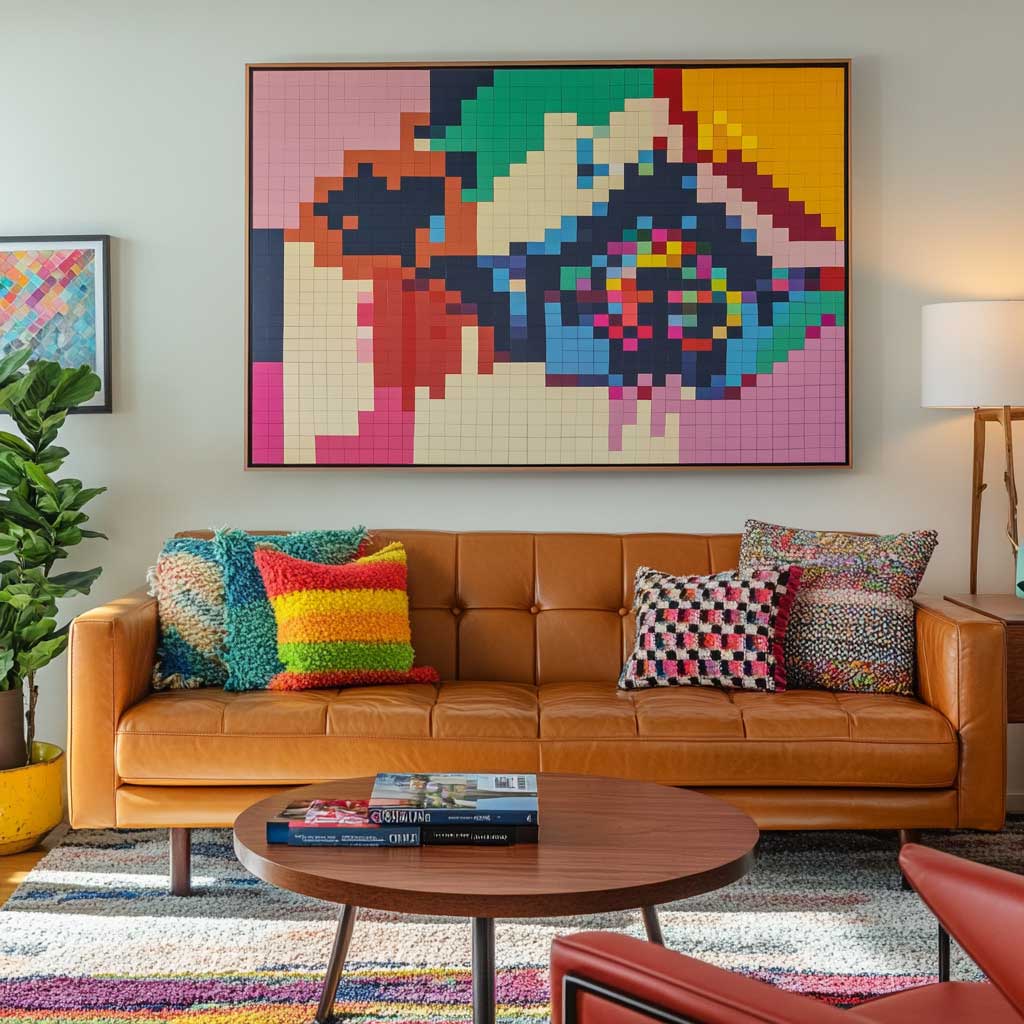 A cozy living room with a retro 1980s theme, featuring a large pixelated artwork as the focal point above a vintage leather sofa. The artwork showcases a colorful abstract design with geometric shapes and bold contrasts, reminiscent of early digital art. The room is furnished with retro-inspired elements, including a shag rug, mid-century modern coffee table, and neon accents, creating a warm, nostalgic ambiance.