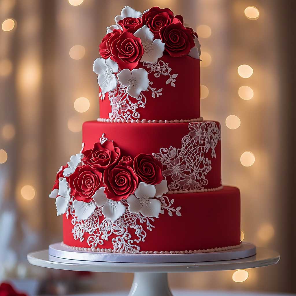 A three-tiered wedding cake with a red and white theme, featuring intricate white lace patterns on the red fondant. The cake is adorned with cascading red roses and delicate white sugar flowers, creating a stunning contrast. The cake is displayed on a classic white cake stand, with a background of soft fairy lights and a romantic setting that highlights the elegance of the red and white wedding theme.