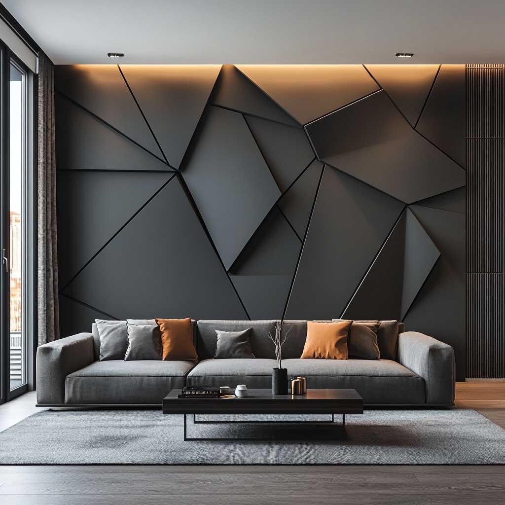 A modern living room showcasing a geometric WPC panel design in matte black, with sharp angles and precise lines creating an eye-catching statement wall. The panels form an intricate pattern that adds depth and visual interest to the space. The room is furnished with minimalist furniture in neutral tones, allowing the bold geometric design to take center stage. Soft ambient lighting enhances the contrast between the matte black panels and the rest of the room, creating a striking, contemporary look.