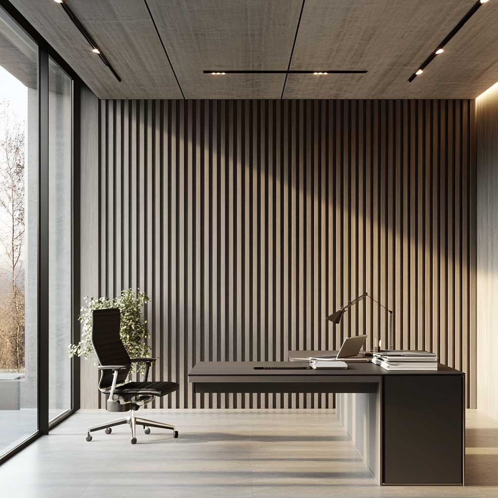 A modern, minimalist office space featuring vertical WPC panel design in gray, creating a sleek and professional atmosphere. The panels are arranged in a floor-to-ceiling configuration, adding height and a sense of structure to the room. The office is furnished with a minimalist desk, an ergonomic chair, and a few strategically placed accessories. Large windows allow natural light to enhance the gray tones of the panels, resulting in a workspace that is both stylish and functional.