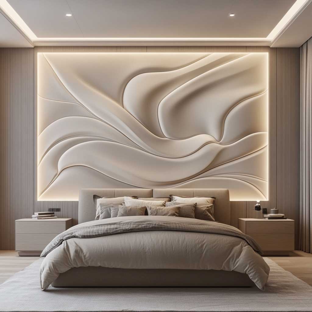 A luxurious bedroom featuring a WPC panel design with a 3D sculptural effect, creating a stunning statement wall behind the bed. The panels are intricately carved to form a flowing, organic pattern that adds depth and texture to the space. The room is furnished with plush bedding and modern furniture in neutral tones, allowing the 3D wall to stand out as the main feature. Soft, ambient lighting enhances the sculptural details, creating a serene and elegant atmosphere.
