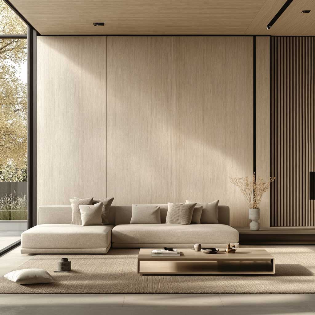 A sleek, modern living room with minimalist WPC panel design in light wood tone, featuring clean lines, large windows, and soft natural lighting. The WPC panels are seamlessly integrated into the wall, creating a harmonious blend of texture and color. The room is furnished with a low-profile sofa, a minimalist coffee table, and a few carefully selected decor items. The overall atmosphere is calm, inviting, and sophisticated.