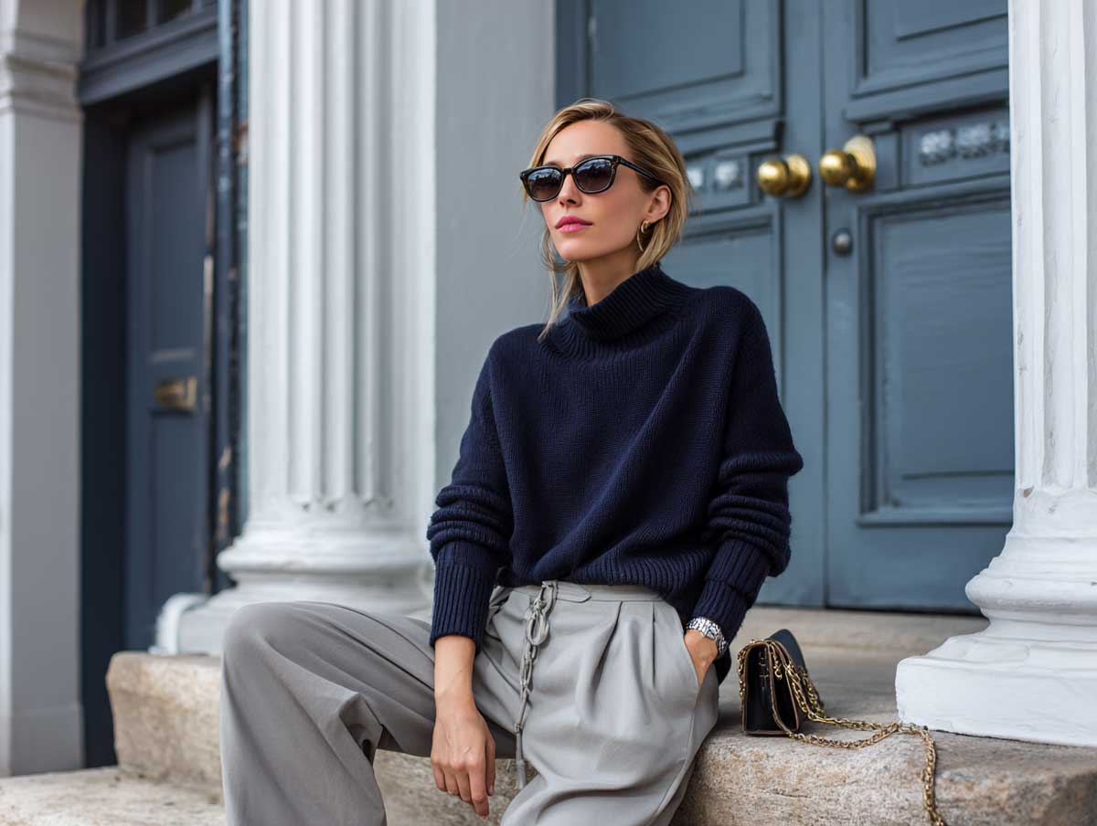 Navy Sweater and Gray Pants for a Relaxed Midweek Look - 2